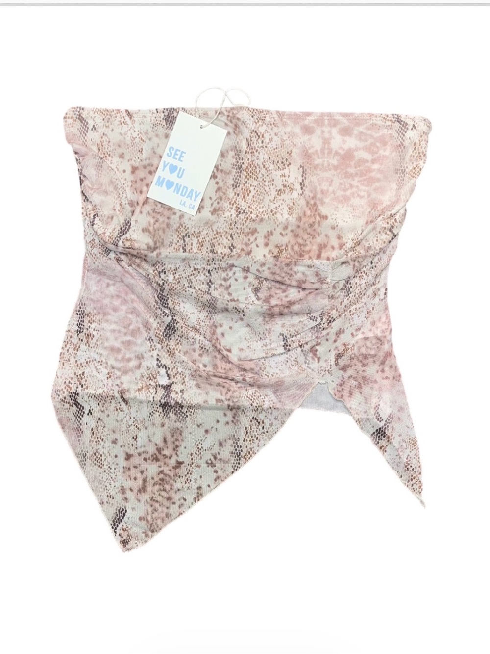 See You Monday Snake Print Tan Tube Tank Top Eyelet Lace Sheer Tie NWT Medium